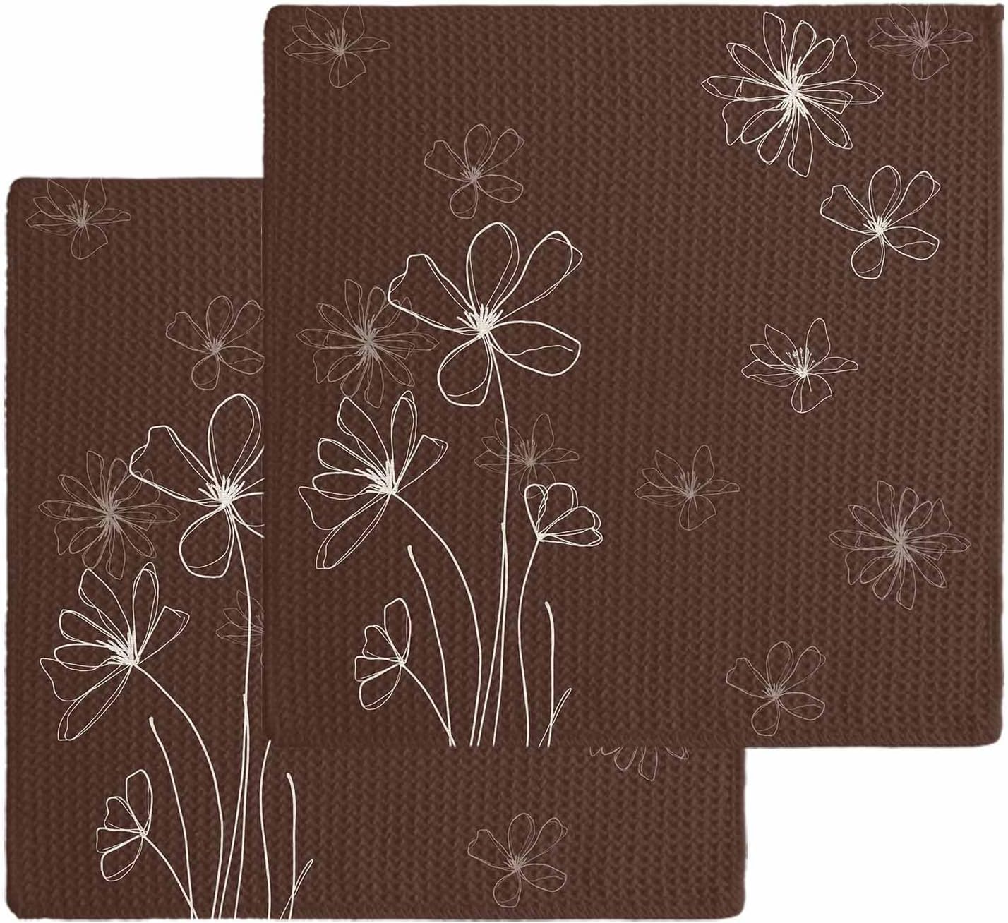 Brown Waffle Kitchen Dish Towels Set of 2, Spring Flora Absorbent & Quick Dry Hair Hand Bath Tea Golf Microfiber Towel, Soft Yoga Gym Workout Towel Dish Washcloth 12"x12" Modern Abstract Art Pastoral