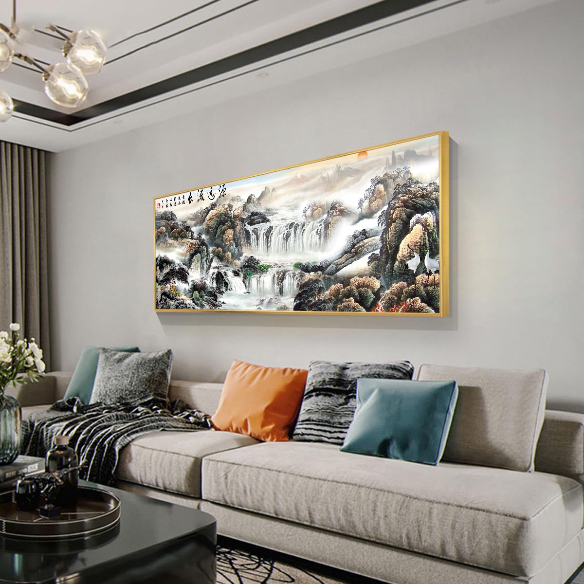 Via Vela Chiński krajobraz płótno sztuka ścienna wodospad sceneria grafika wydruki orientalny styl malarstwo duży mural plakat do salonu dekoracja 40 x 101 cm ze złotą ramą
