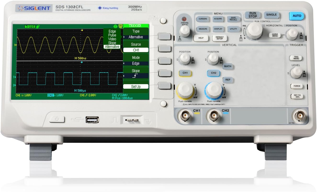 Siglent SDS1302CFL 300MHz 7" Display Digital Storage Oscilloscope 2CH+1EXT 2GSa/s Real Time Sample Rate AC 100-240V, 45Hz-440Hz
