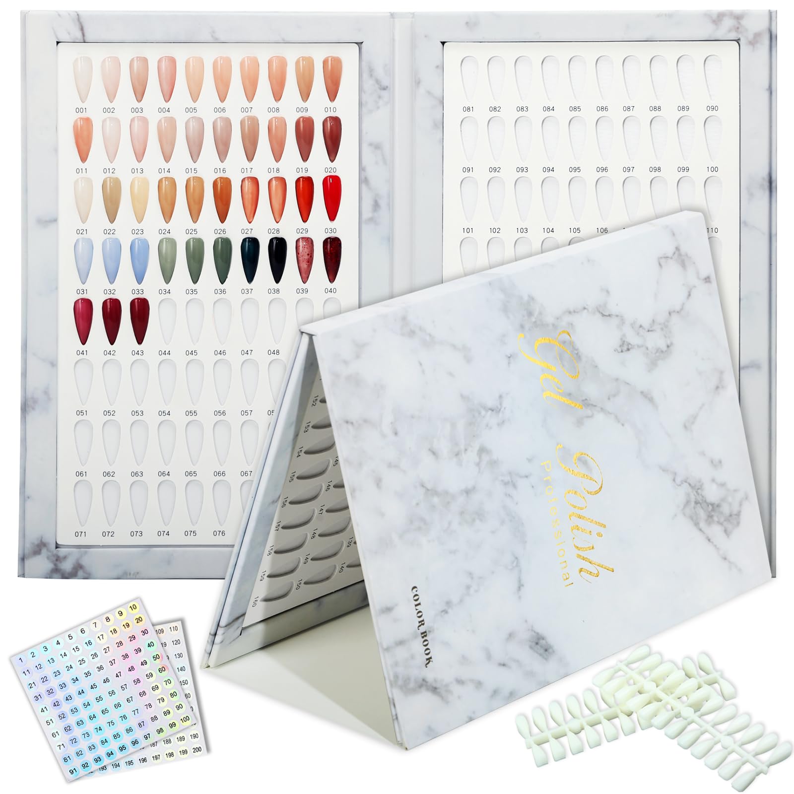 160 Nail Color Book,with 240 Flase Tips & 1-200 Number Sticker Labels,Professional Nail Color Swatches Book for Polish UV Gel(White)