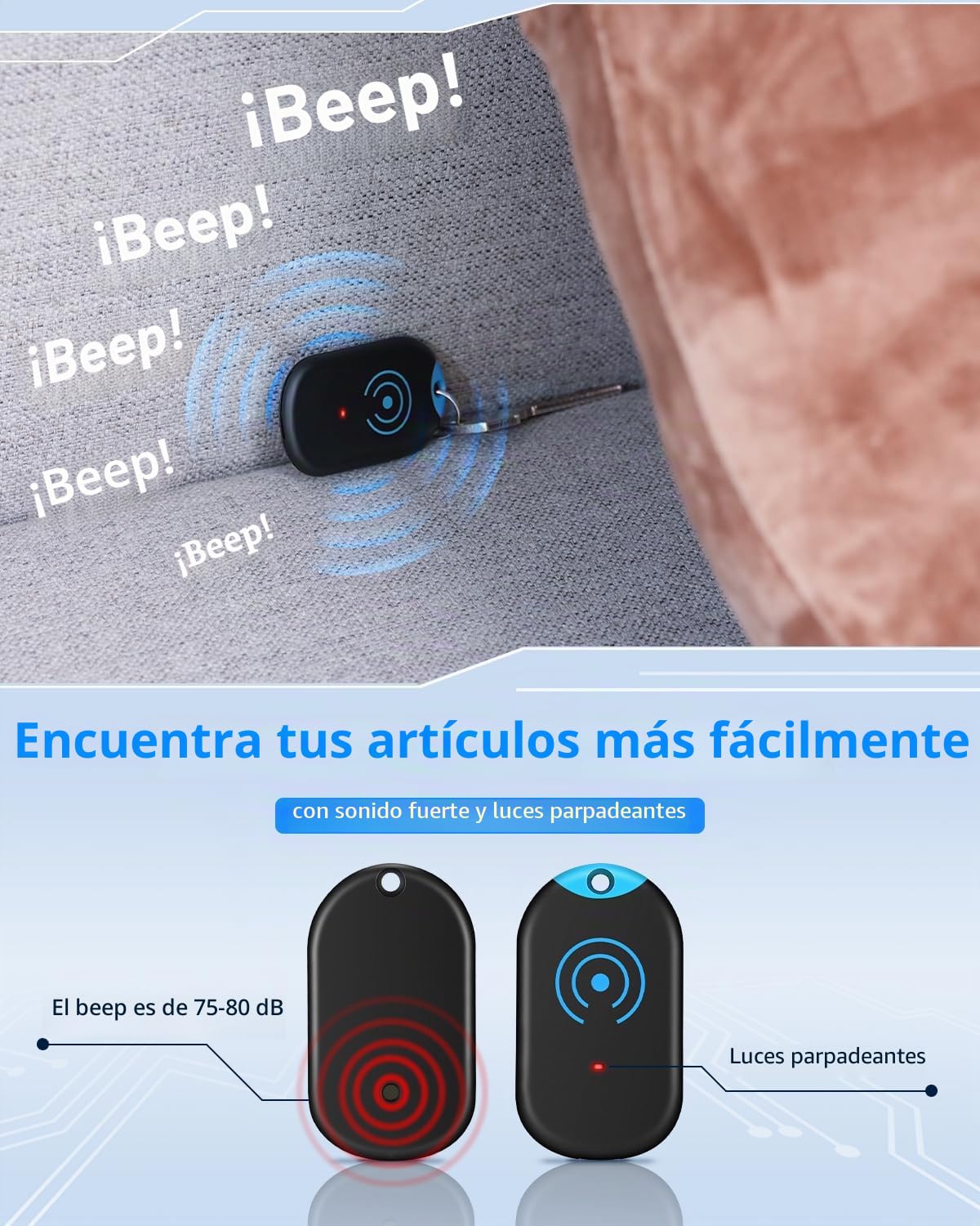 Esky Buscador Llaves, Localizador de Llaves 80dB Localizador Inalámbrico de Llaves con Base de Soporte y LED Control Remoto 1 Radio Frecuencia Transmisor 6 Receptores Negro