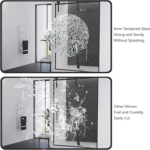 Miniatura 3 de CHARMOR Espejo enmarcado negro de 48 x 32 pulgadas para pared, espejo rectangular de baño negro mate, esquina redondeada, inastillable