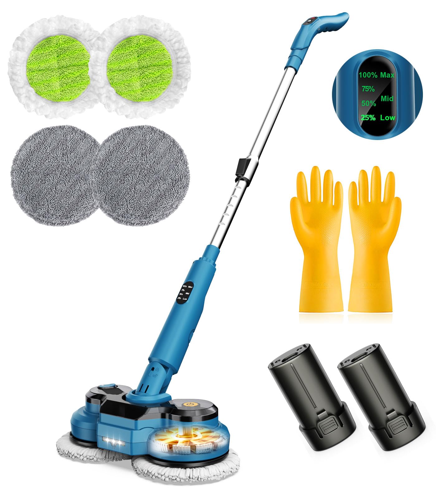 21V Mopa Eléctrica Inalámbrica, Mopa Fregona con 2 Pilas de 2000mAh Pulverizador, Fregona Eléctrica con Depósito de Agua de 300ml, Iluminación LED, 4 Almohadillas Lavables Mopas Limpieza Suelos