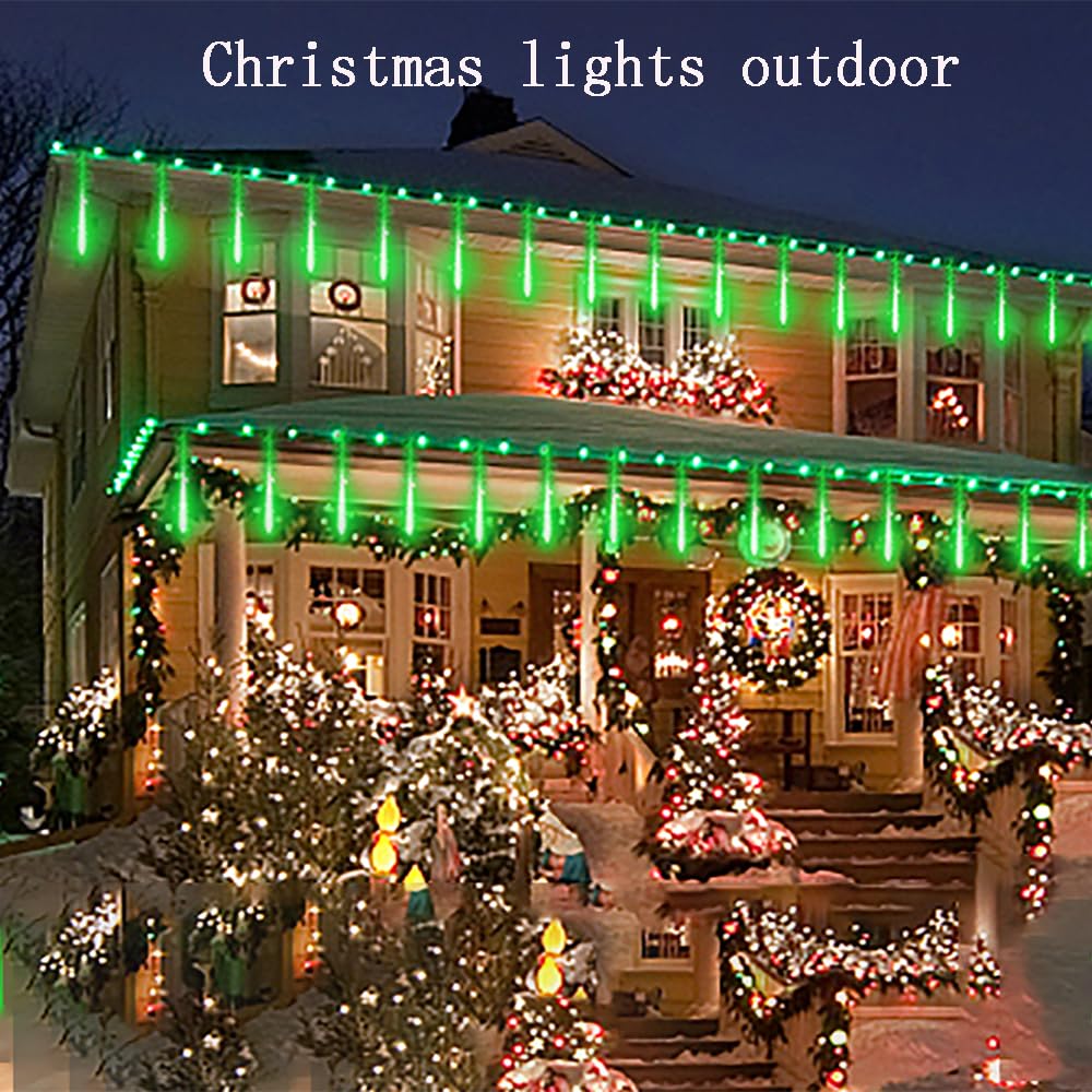 Kwaiffeo Lumières de Noël vertes, 24 tubes de lumières de pluie de météores (équivalent à 3 ensembles de 8 tube) pour décorations de Noël d'Halloween, lumières vertes pour sapin de fête de la