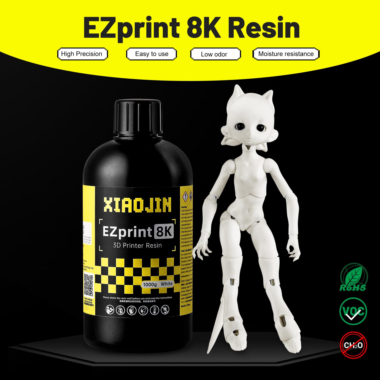 Resina 8K con alta precisión y detalles nítidos, fácil impresión y limpieza para impresora 3D de bajo olor, resina rígida de baja absorción de agua, adecuada para principiantes, blanco