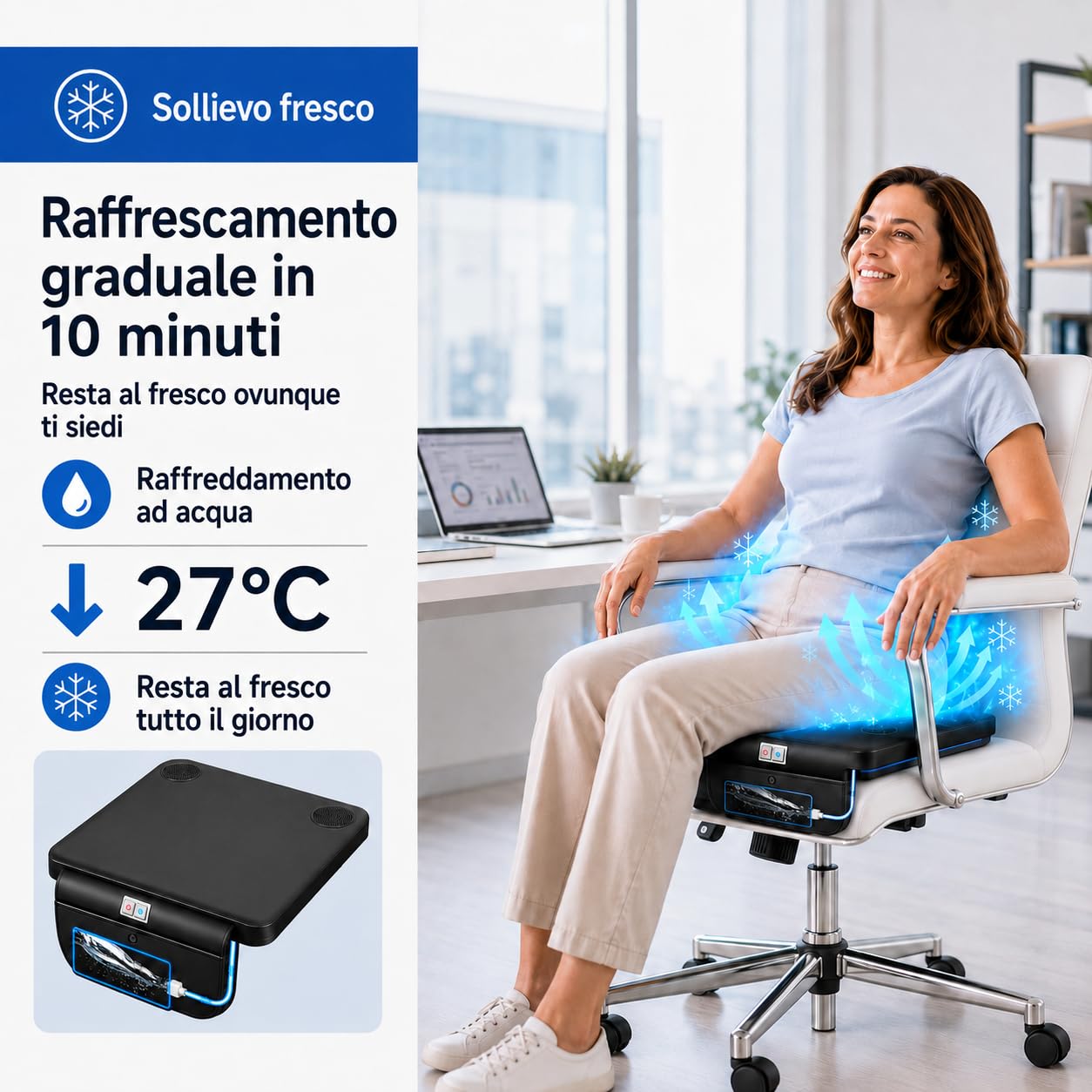 Cuscino raffreddato ad acqua con ventola | 3 livelli di velocità, raffreddamento fino a 27 °C, USB/12 V/24 V, per auto e ufficio