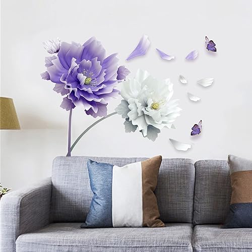 Miniatura 9 de RoyoLam Calcomanías de pared grandes de flores cian, pétalos, mariposas, calcomanías de pared florales para sala de estar, removibles, despegar y