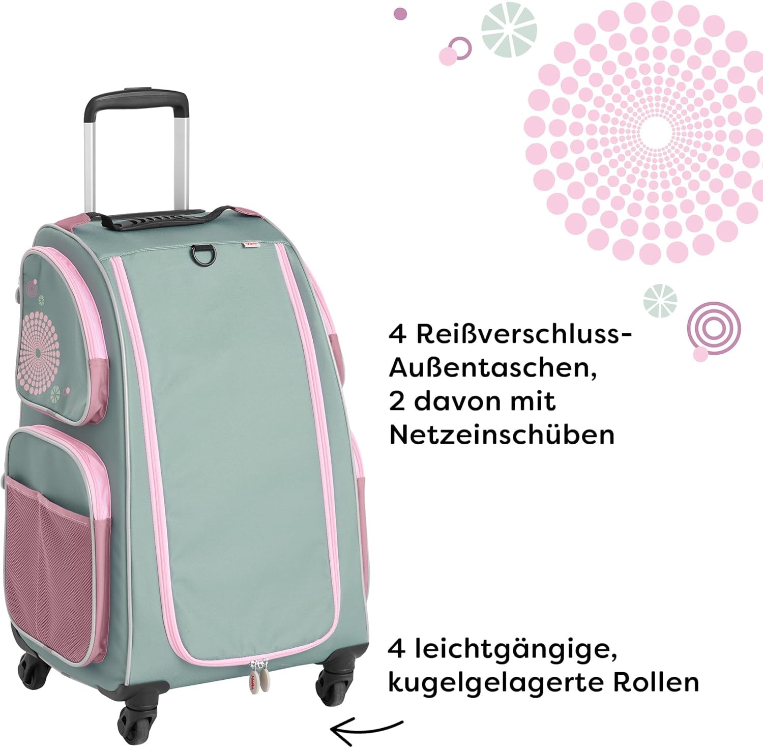 HABA Kinder-Schranktrolley Salbei mit 4 Rollen – Kinderkoffer aus recyceltem Polyester mit Schmutzwäschebeutel, 3 herausnehmbaren Böden und 4 Reißverschluss-Außentaschen – 2012724002