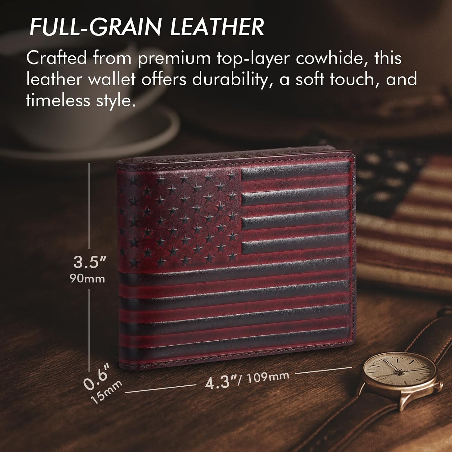 Full Grain Leather Wallet for Men, RFID Blocking, Mens Wallet Bifold with 2 ID Windows, Billfold with 13 Card Slots, Leather Gift for Men, American Flag Wallet Red - Image 3