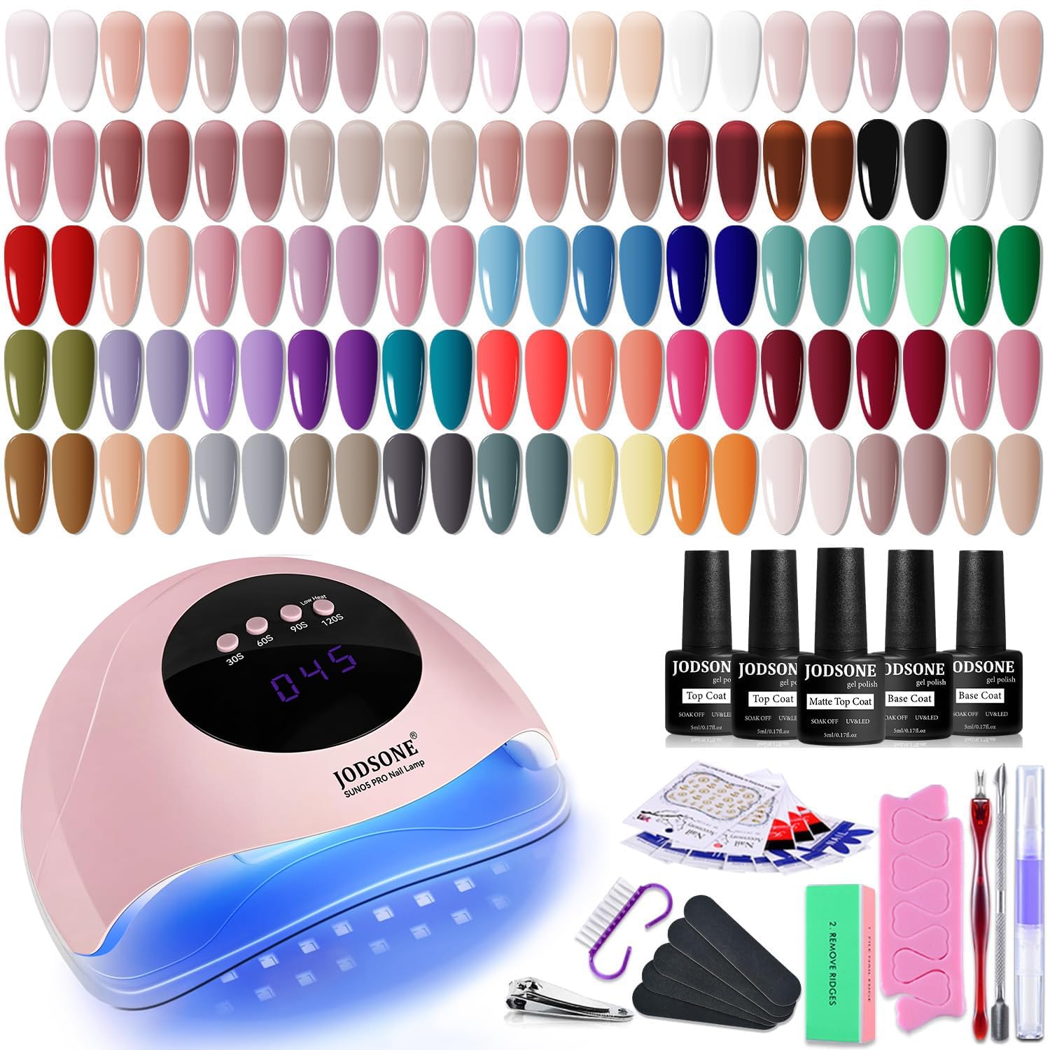 JODSONE Set di 36 smalti in gel, 32 colori con base coat, top coat no-wipe e top coat opaco, collezione per tutte le stagioni in verde, blu, rosso, rosa, regalo di San Valentino per donne