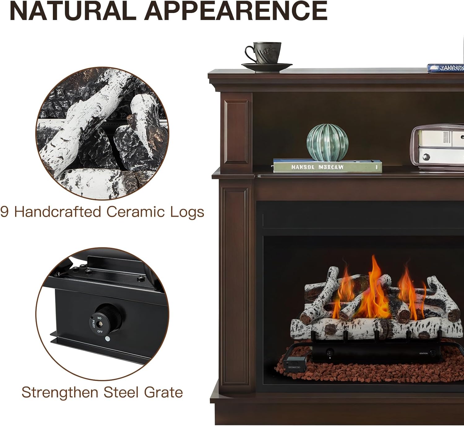 EROMMY Ventless Fireplace Logs Set installed in a fireplace, showcasing the natural appearance of the logs and the steel grate.