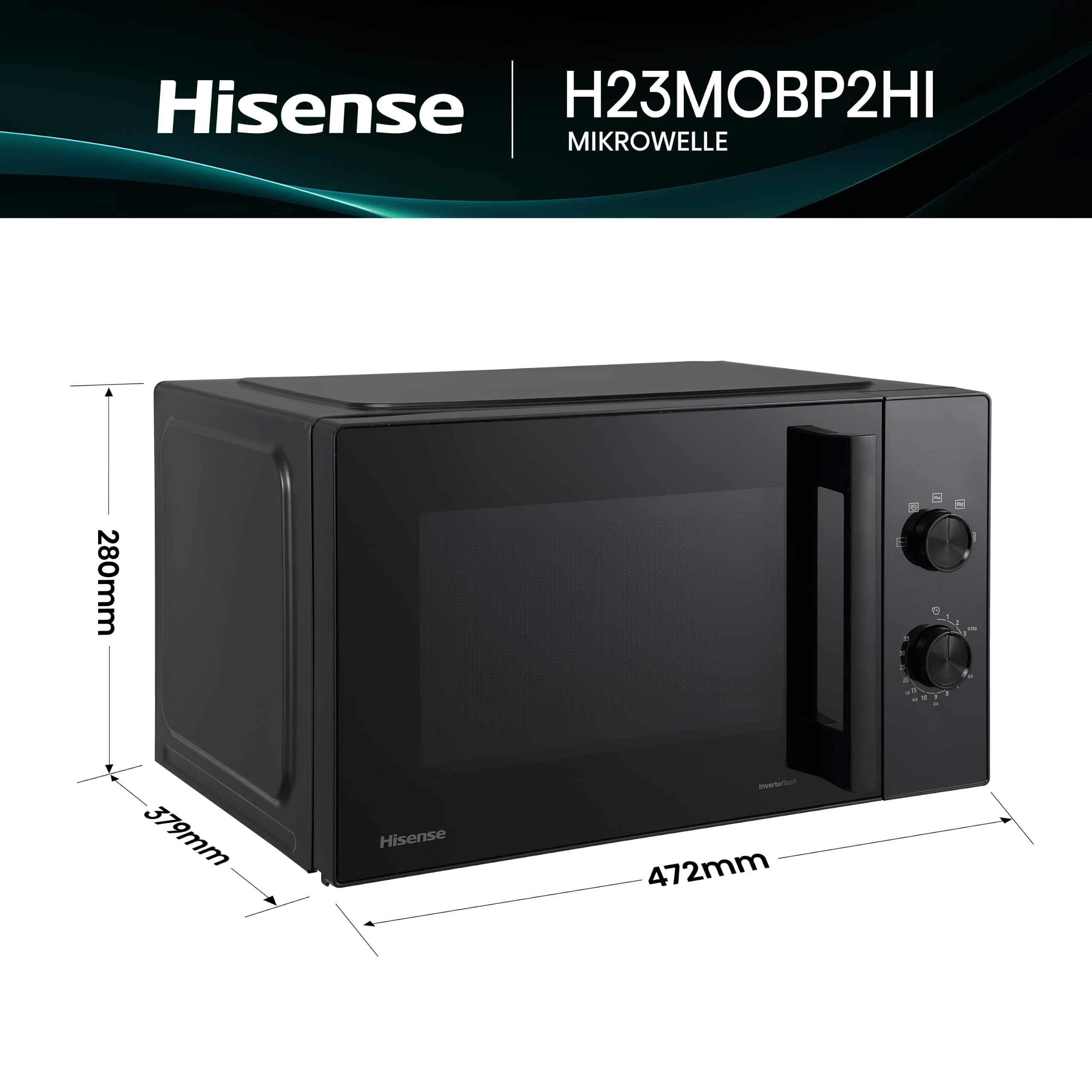 Hisense Inverter-Mikrowelle, 23L, 900W | Schwarz, 5 Leistungsstufen, Keramikbeschichtung, Getöntes Glas, Gleichmäßiges Garen, Manuelle Steuerung