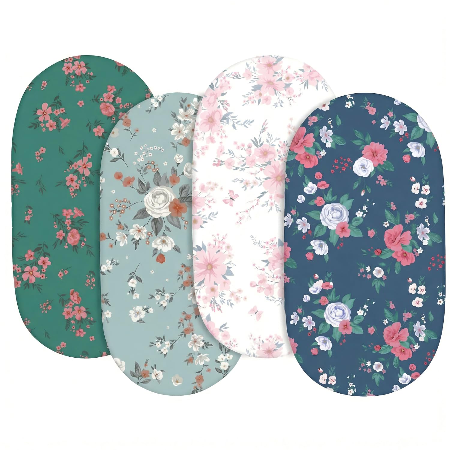 4 Pack Moses Basket Fitted Sheets, 82X41cm Soft Newborn Baby Bassinet Sheets for Girls and Boys, Crib Fitted Sheet, Easy Care & Machine Washable, For Oval, Rectangle Bassinet Leaves (Floral) — image 1