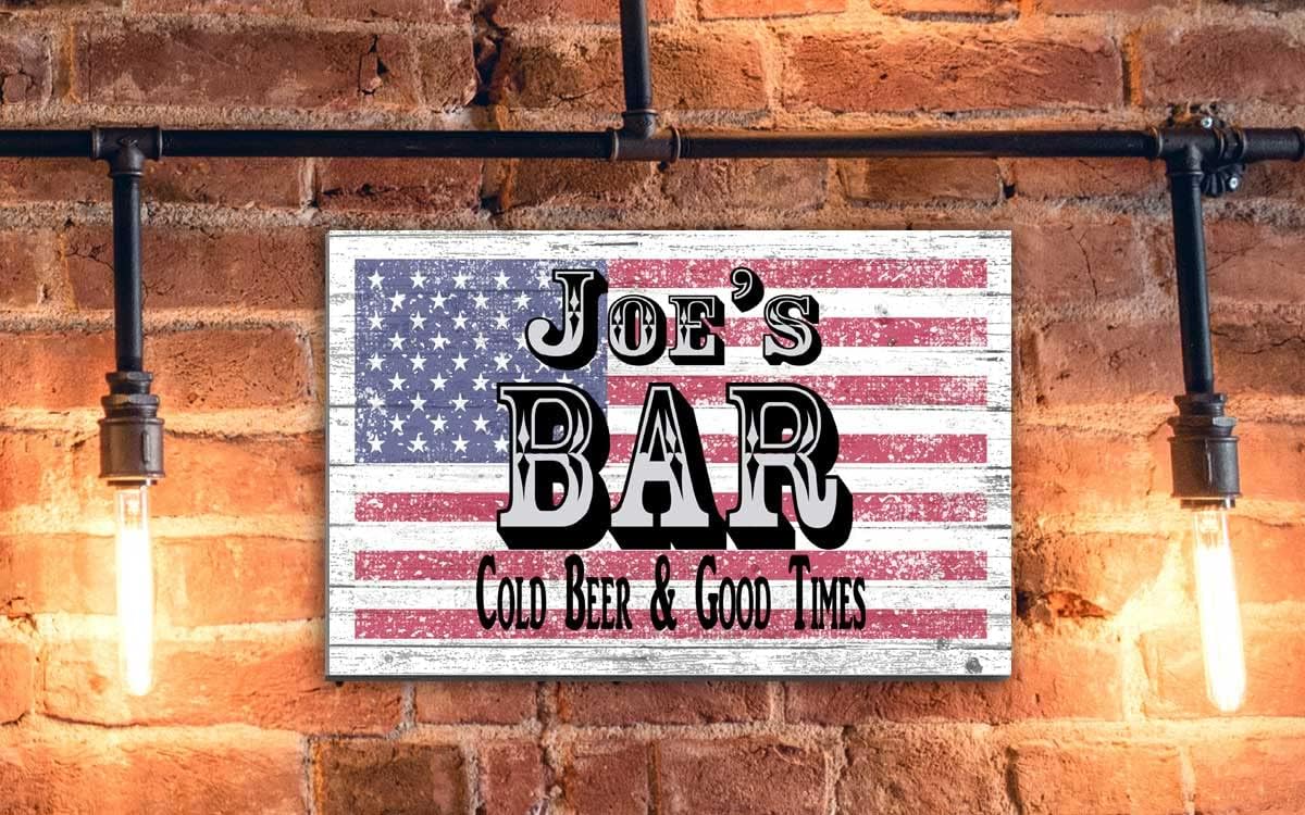 Bar Sign Personalized for Men – Custom Name & Saying – American Flag Wall Art – Man Cave, Home Bar, or Patio Gift – Cold Beer & Good Times – 16.5" x 10.5"