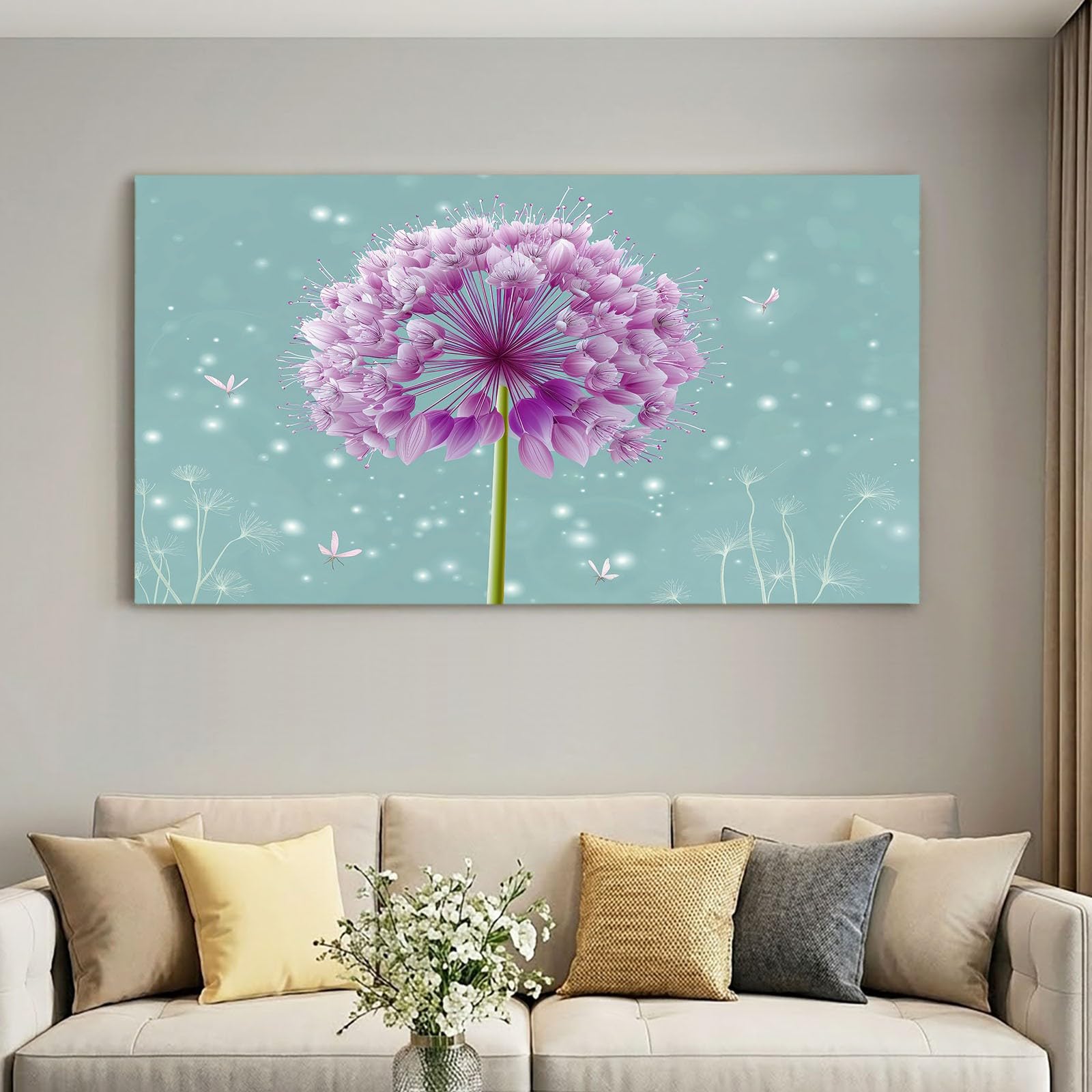 Lienzo decorativo para pared, 90 x 60 cm, diseño de flores con pompón verde, para salón, dormitorio, oficina