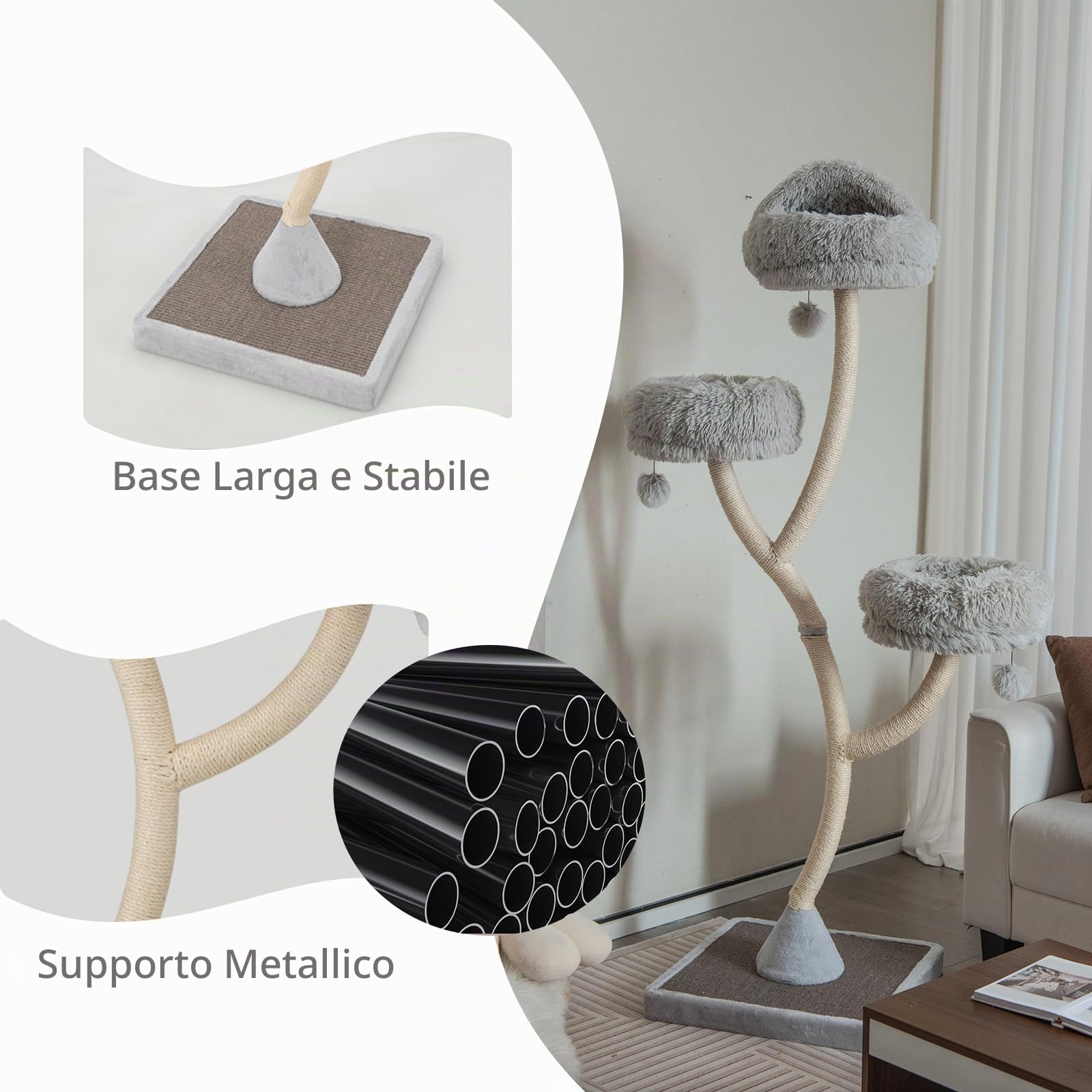 SOARS Albero Tiragraffi per Gatto Alto 180 cm a 4 Livelli, Albero per Gatti Forma di Rami con 3 Nidi e Pompon, Torre Gatti Struttura in Metallo e Base in Sisal, 59 x 59 x 178 cm (Grigio)