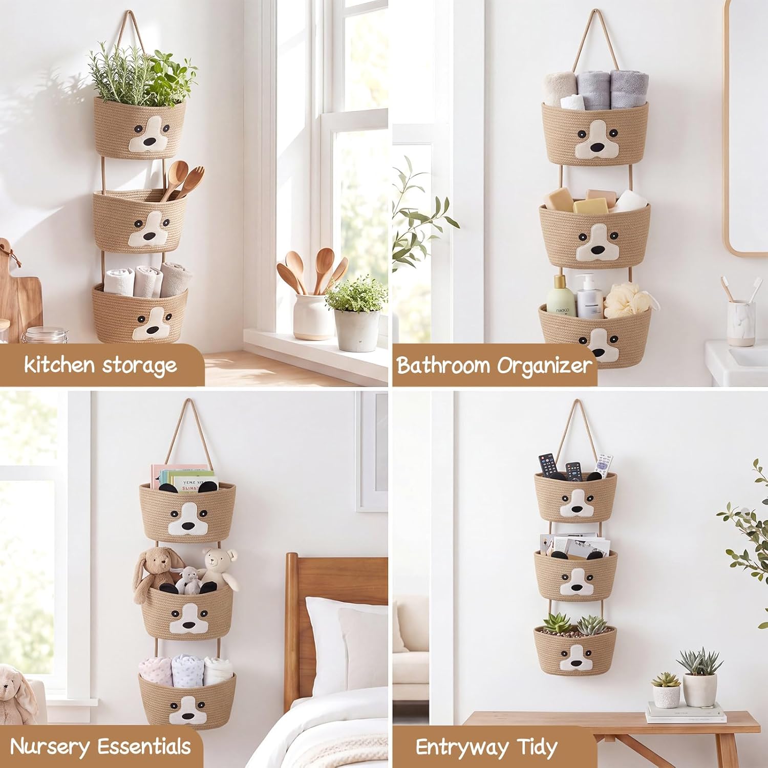 3-Tier Dog Theme Cotton Rope Hanging Basket Organizer Cute Nursery Door Organizer Wall Storage Bin with Hooks, Brown Over Door Decorative Nursery Closet Hanging Accessories