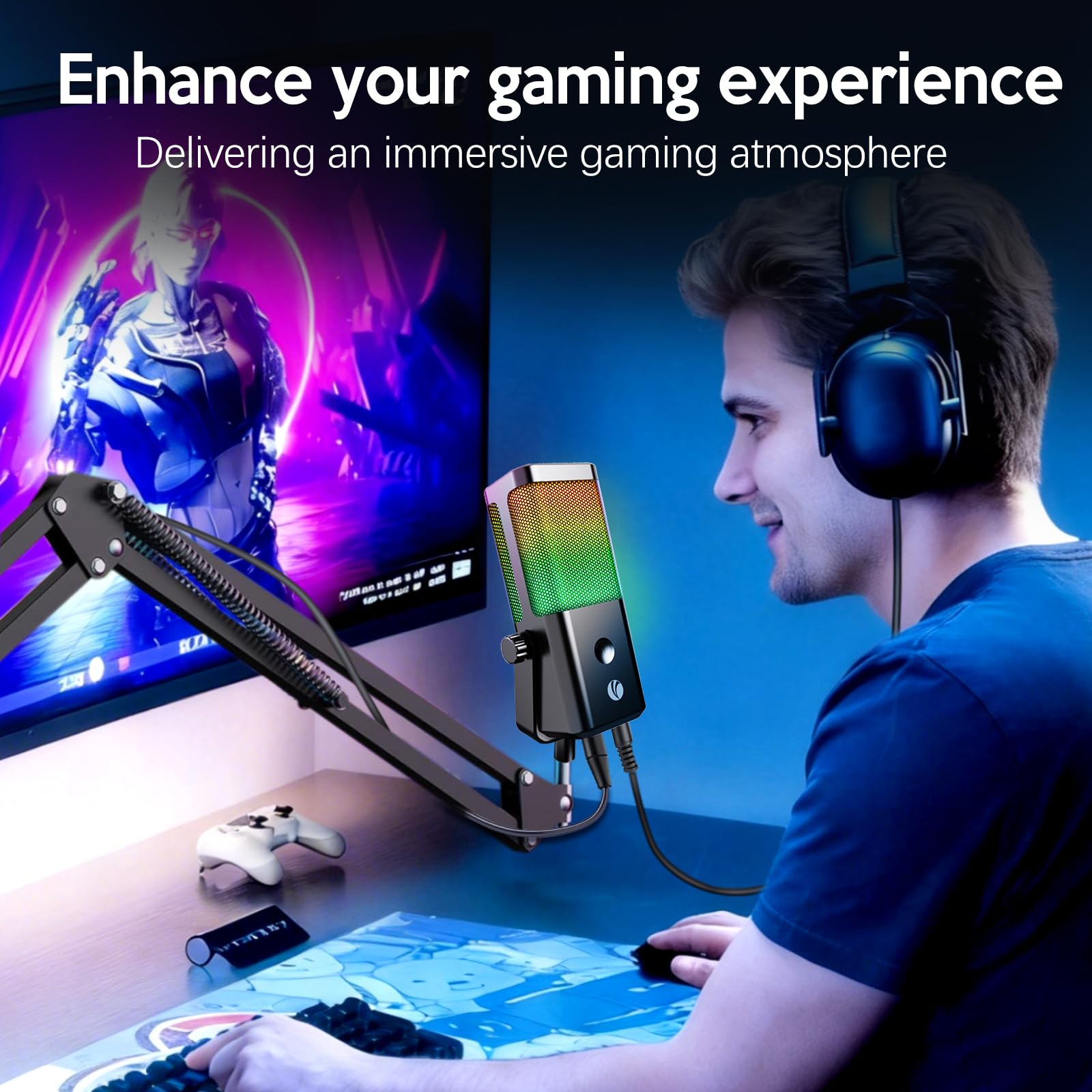VCOM Microfono da gioco USB RGB con braccio a braccio, riduzione del rumore e muto one-touch, jack per cuffie da 3,5 mm, controllo del guadagno, microfono plug & play per PC, streaming, podcast