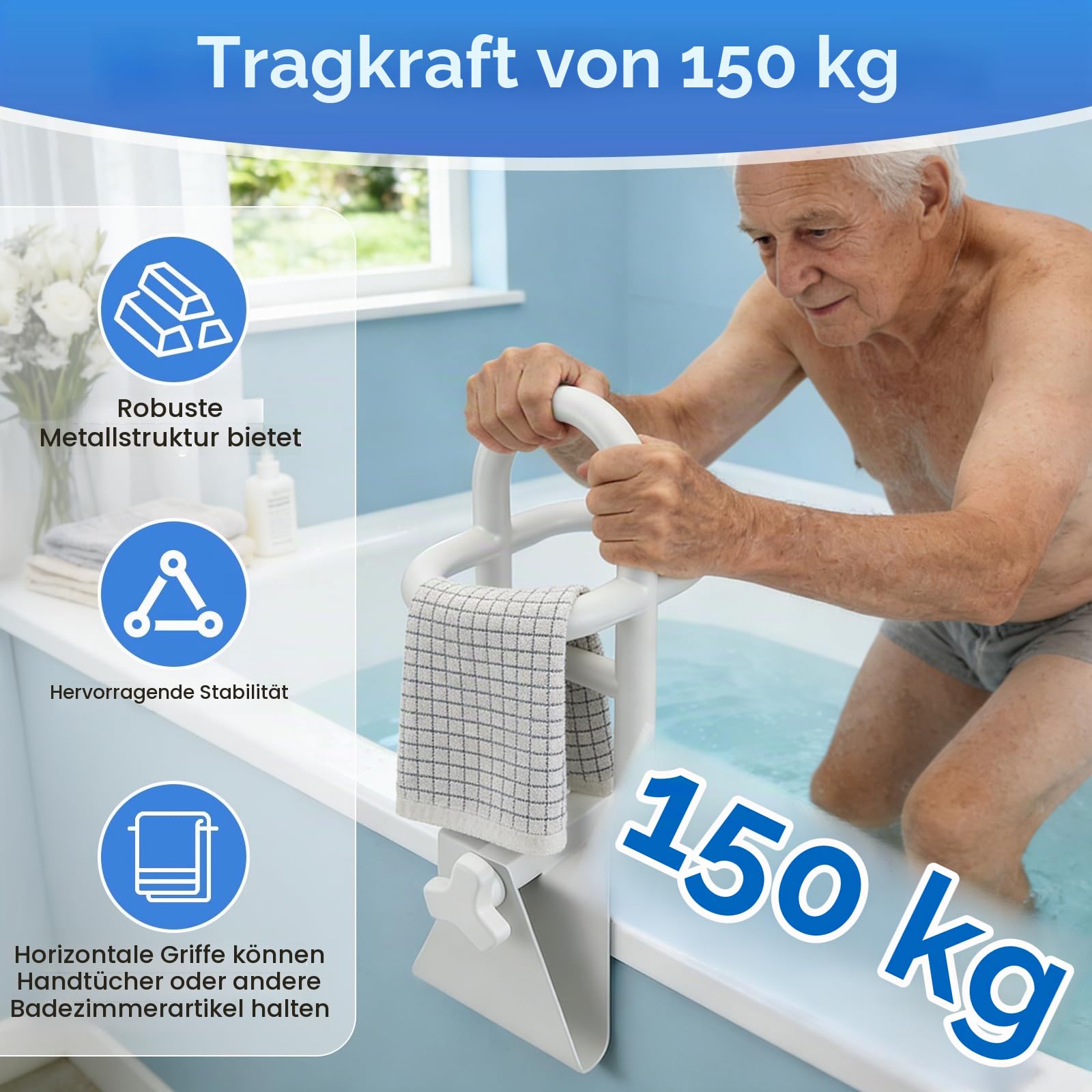 Einstiegshilfe Badewanne Für Senioren, Badewannengriff Ohne Bohren, Verstellbar Breite 8~17cm, Badewannen Einstiegshilfe, Haltegriff Badewanne Für ältere Menschen, Schwangere, 150kg