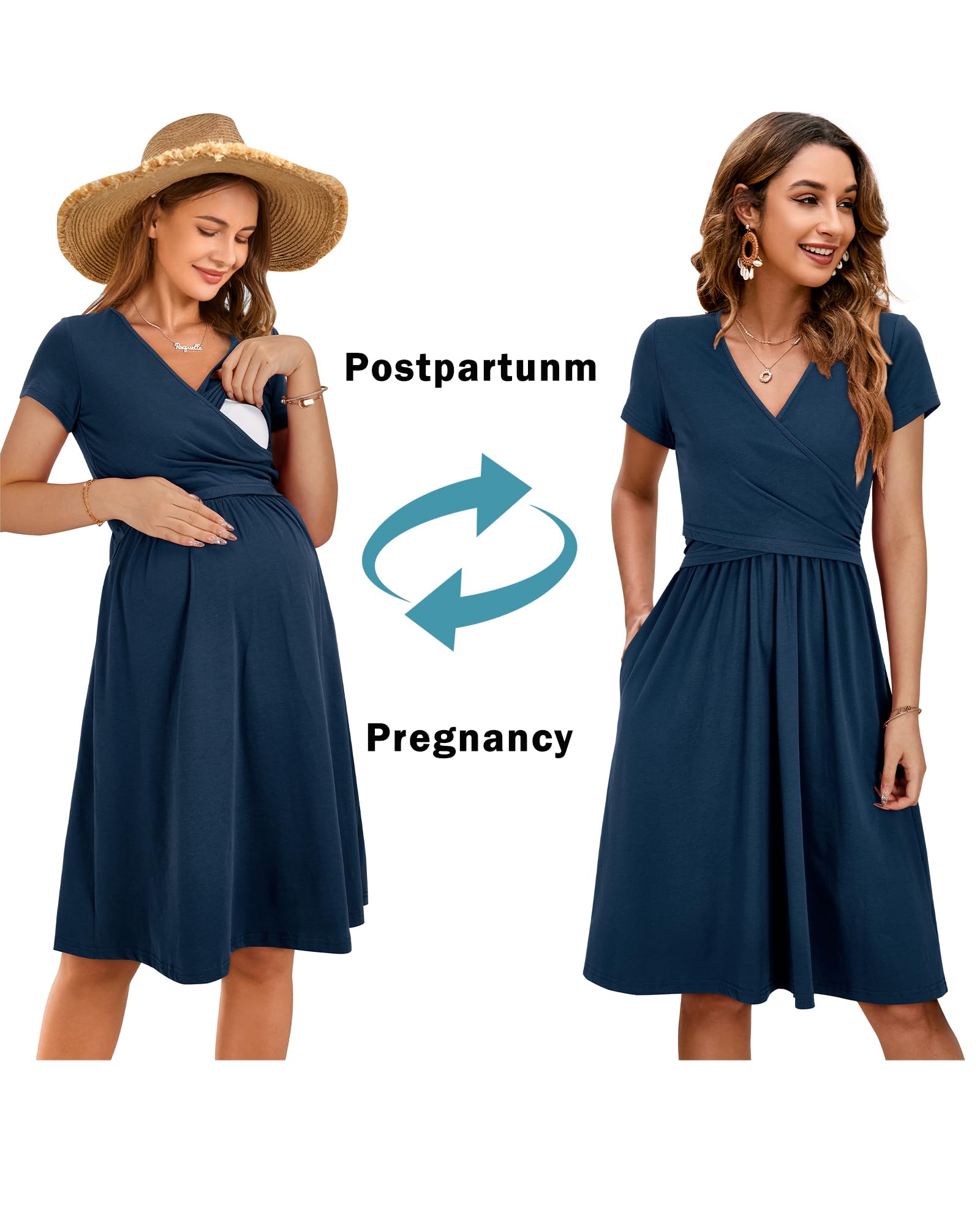 OUGES Robe de Maternité D'été pour Femme Robe d'allaitement Décontractée à Col en Vet Poches