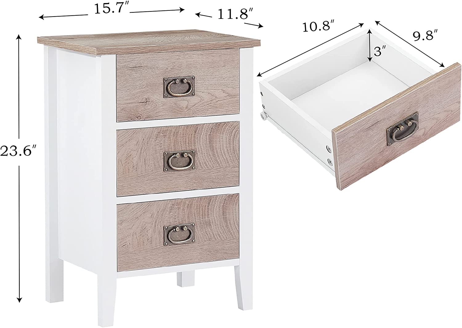 VECELO Nightstands Set of 2 End/Side Tables Living Room Bedroom Bedside, Vintage Accent Furniture Small Space, Solid Wood Legs, Three Drawers, White & Brown