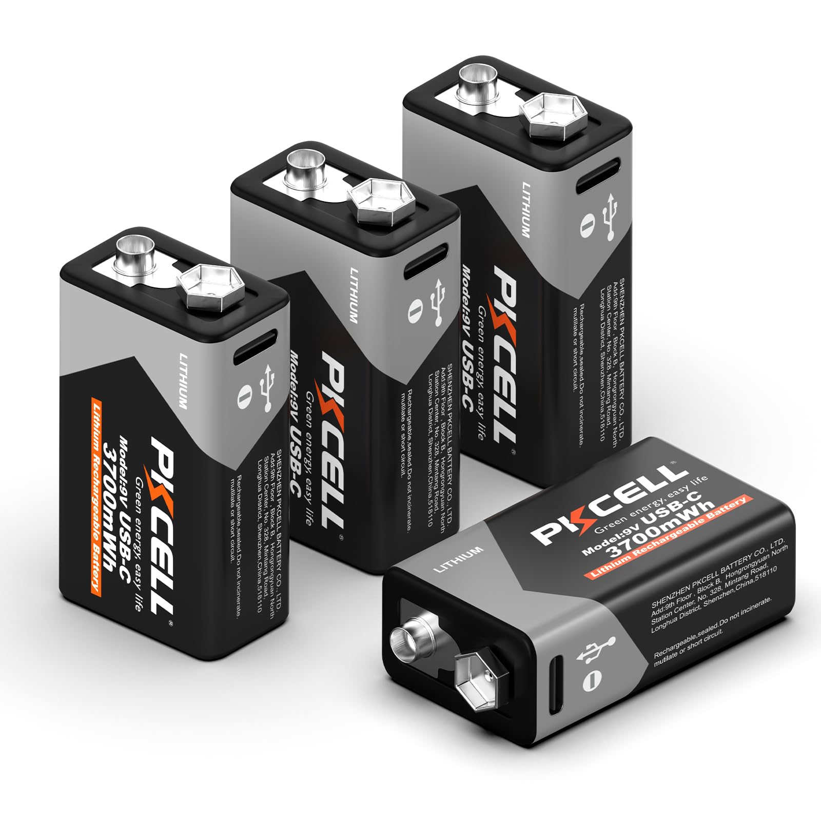 PKCELL 4-Pack 3700mWh 9V Batteries