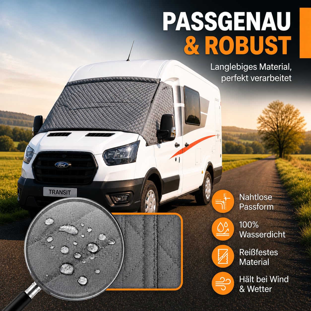 NATURIZ® Frontscheibenabdeckung Ford Transit – Premium Scheibenabdeckung - Thermomatte außen +Sonnenschutz für Wohnmobile – Winterabdeckung Wohnmobil und Kastenwagen, 2015-2026, MK8 & MK9