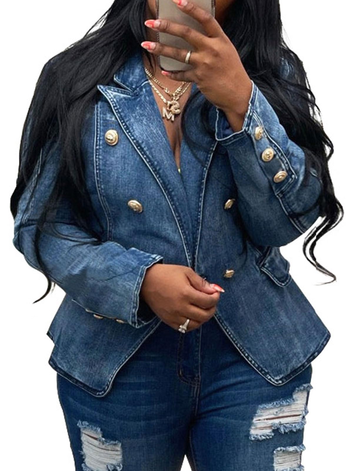 Angsuttc Blazers for Women Business Casual Denim Long Sleeves Lapel Double Breasted Jacket