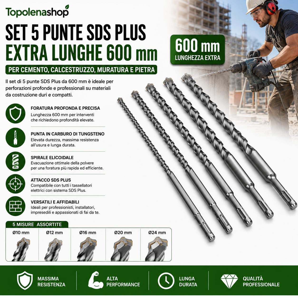 Set di 5 Punte SDS PLUS 600 mm per Trapano Tassellatore – Diametri 10, 12, 16, 20, 24 mm per Cemento, Pietra e Calcestruzzo – Elevata Resistenza e Durata