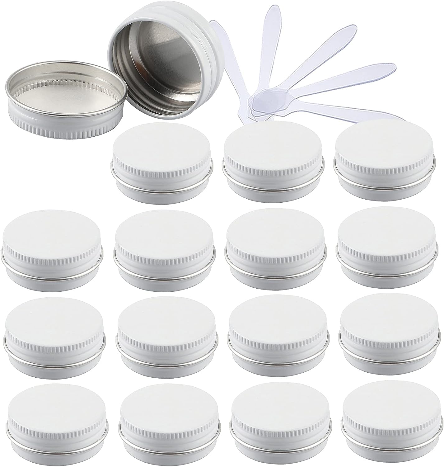 KRXSOBNV Cosmetic Jars, 48 PC Aluminium Tins with Screw Lids Storage Jars Cosmetics Containers Pots with 6 Spatula(White,15ml)