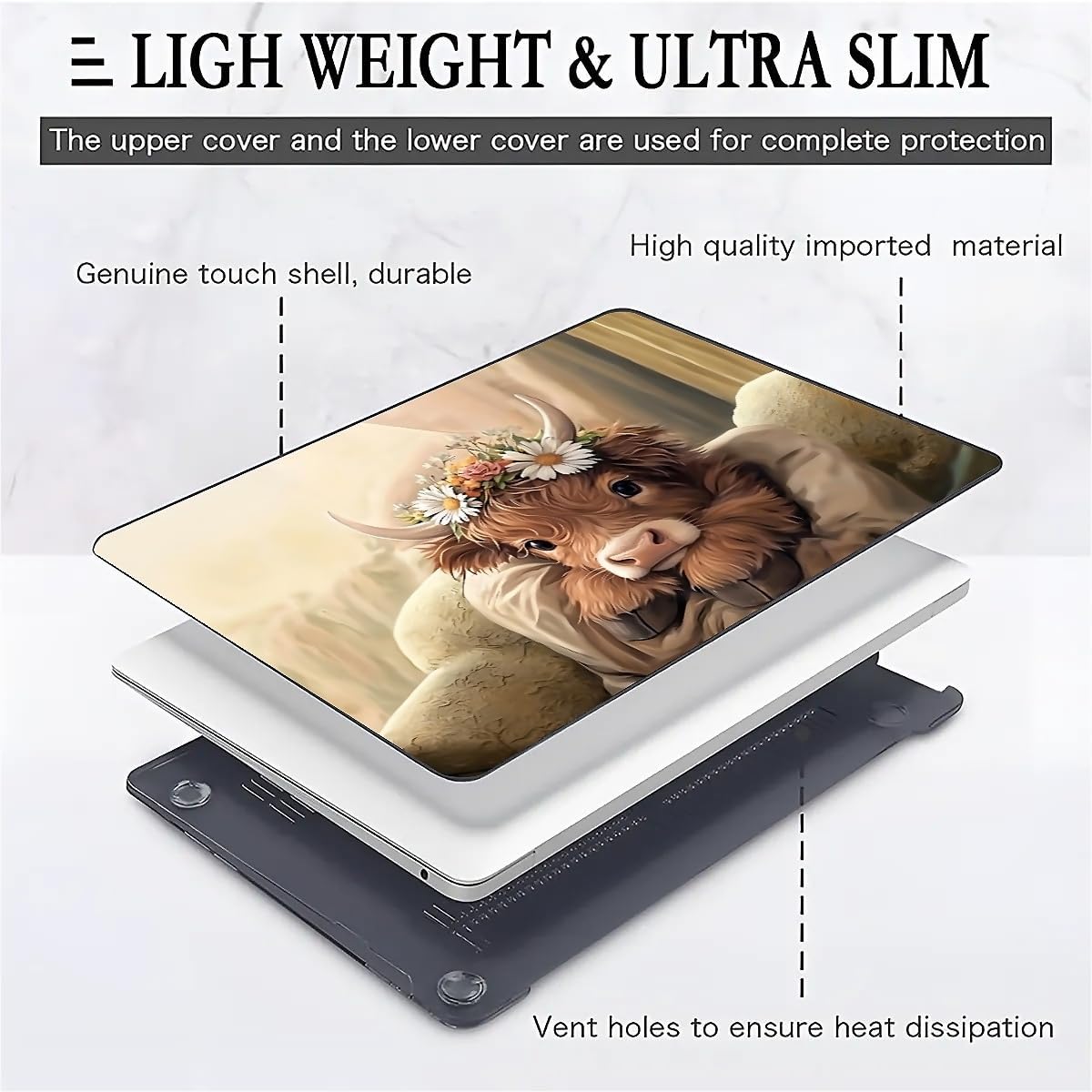for MacBook Air 13 Inch Case,Black Case 2022 Version of M2 A2681/A3240 Plastic Hard Shell Computer Case Cute Brown Highland Cow Sleeping Pattern