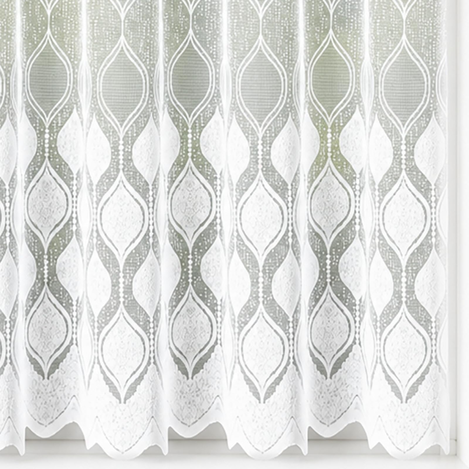 63" (160cm) Drop - Cortona White Geometric Ogee Diamond Lace Net Curtain With Decorative Scalloped Hem - Choose Your Design - Sold By The Metre - Supplied In One Continuous Piece - Slot Top