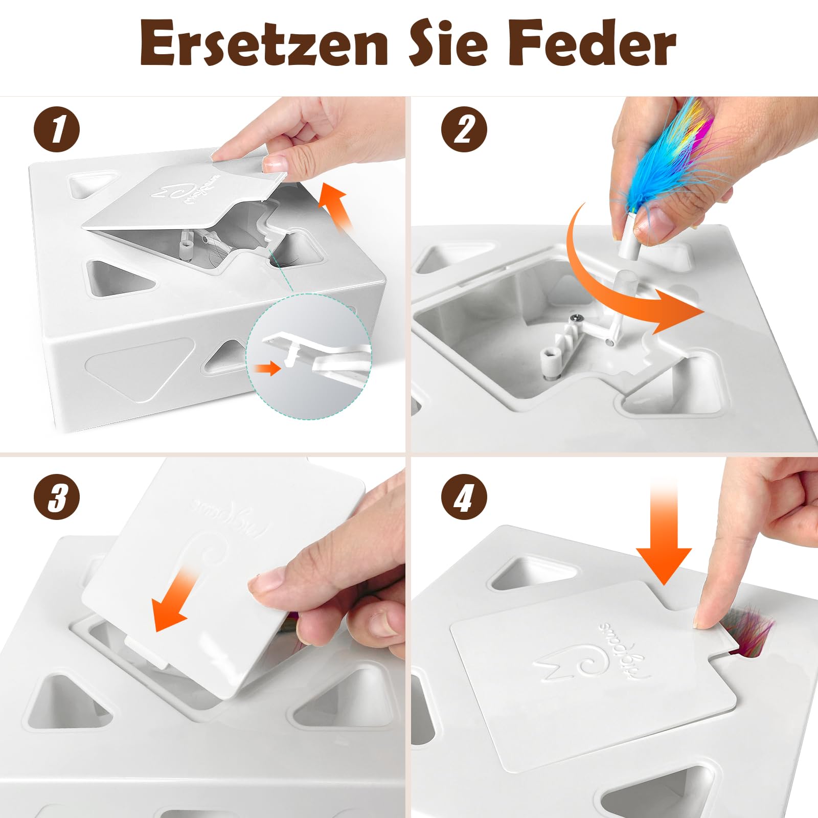 Migipaws Katzenspielzeug, interaktives elektrisches 7-Loch-Mäuse MigiBox, Intelligentes Federspielzeug,Pappspielzeug für gelangweilte Katzen,wiederaufladbar,2St Federn Zubehör