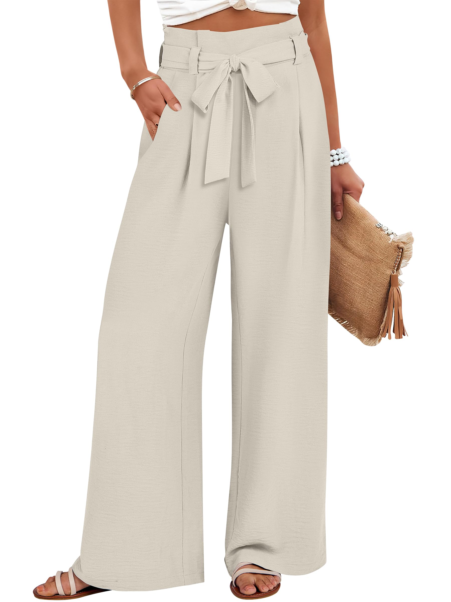 ANRABESS Womens Wide Leg Palazzo Pants Belted High Waisted Business Casual Flowy Long Trousers with Pockets