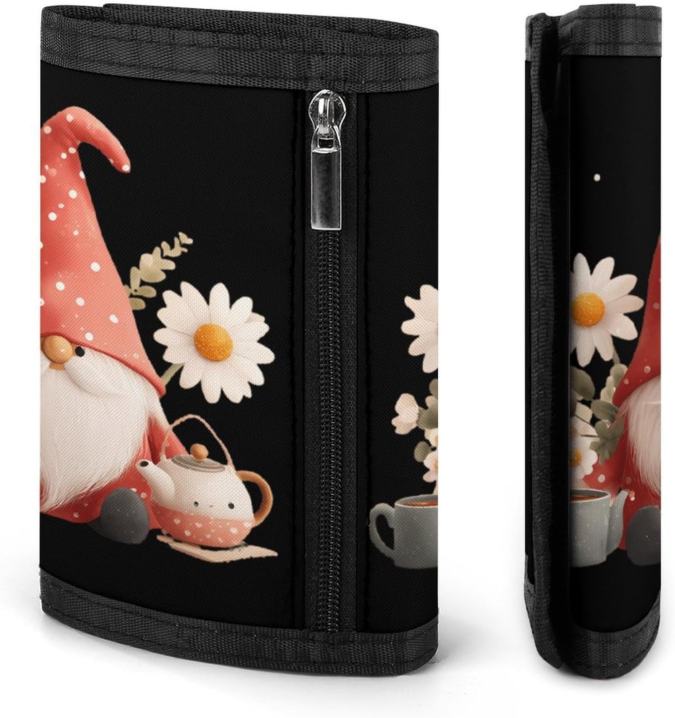 Gnome Tea Daisy Flower Trifold Slim Wallet Front Pocket With Money Clip And ID Credit Card Slots For Travel Work