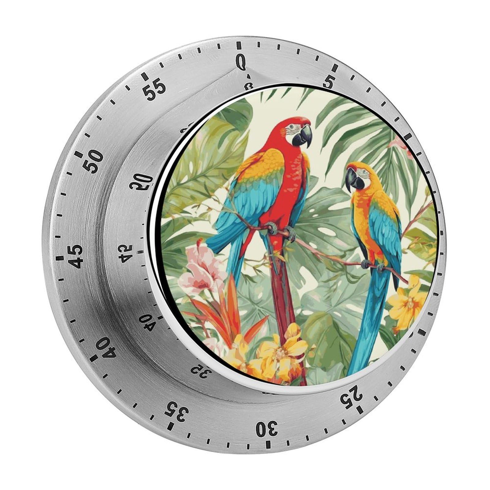 Tropical Plants and Parrots Visual Timer with Loud Alarm 60-Minute Kitchen Timers Exquisite Stainless Steel Body - Mechanical Desk Timer Countdown Clock for Cooking Chef Clock