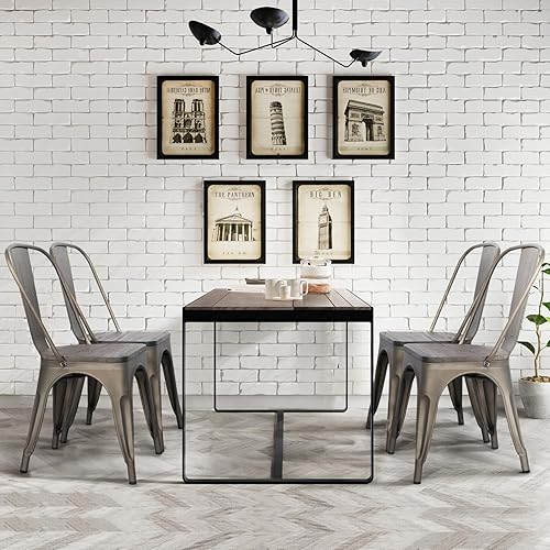 Miniatura 4 de Yaheetech Sillas de comedor de metal con asiento de maderasillas laterales apilables en la parte superior, sillas de cocina con respaldo para