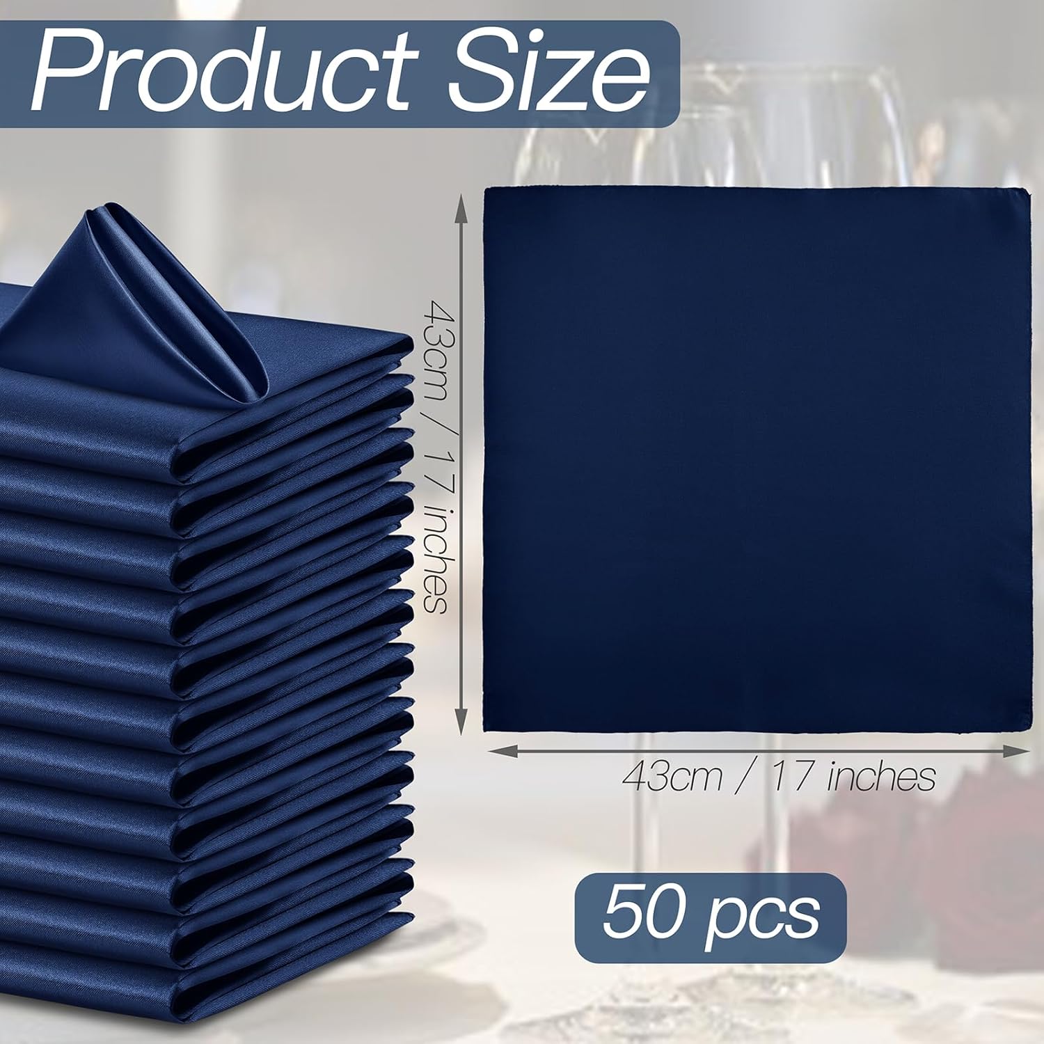 P Pothuiny 50 Pcs Silky Navy Blue Satin Napkins 17 x 17 Inches, Square Smooth Wedding Dinner Napkins Bulk Cloth Napkins Table Napkins for Banquet Party Restaurant Decor, Thanksgiving, Christmas