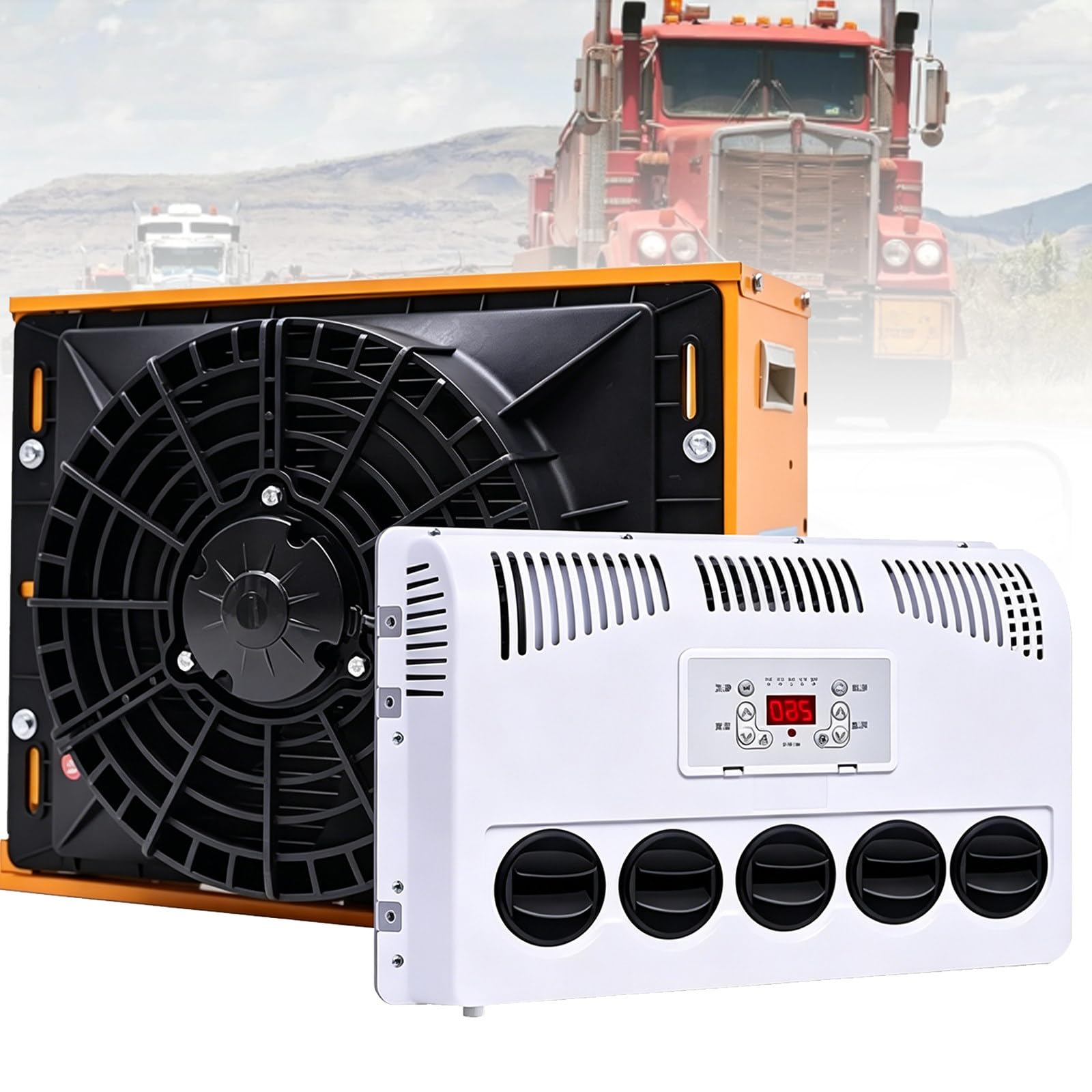 Osnzyc Yellow Dc Powered Rv Air Conditioner, 12V/24V No Fuel Consumption Semi Truck Parking Split Ac Unit, Quiet A/C Inverter Cooling, For Sleeper Truck, Enclosed Trailer, Tractor, Loader -24V