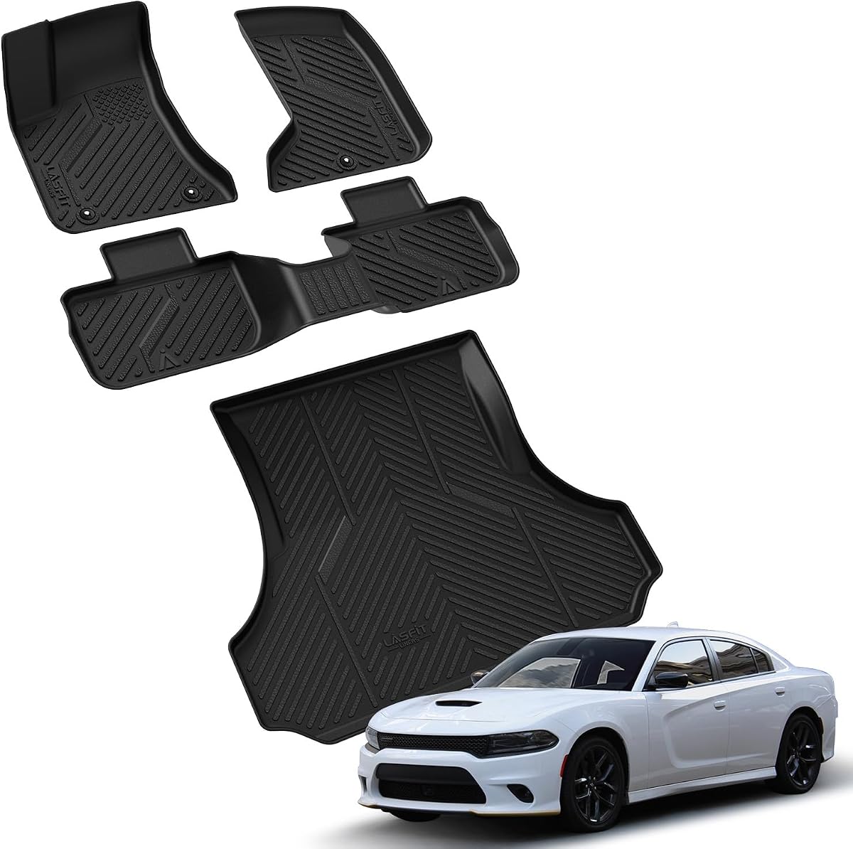 LASFIT Floor Mats for Dodge Charger/Chrysler 300 AWD 2011-2023 | Fit Without Subwoofer, Not Fit RWD, All Weather TPE Full Set Floor Liners with Cargo Trunk Mat, Black