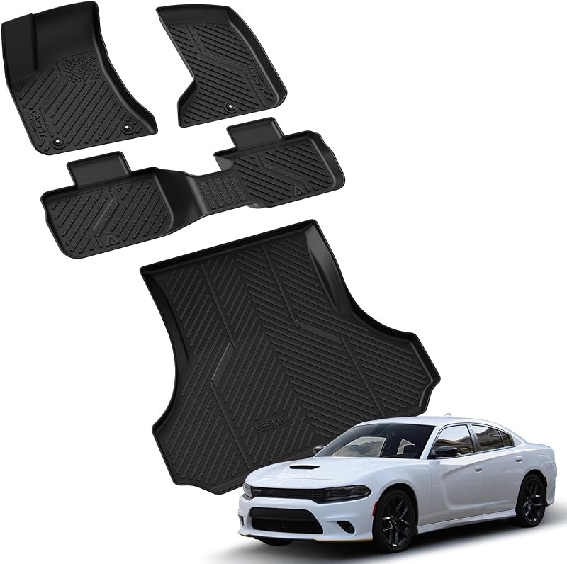 LASFIT Floor Mats for Dodge Charger/Chrysler 300 AWD 2011-2023 | Fit Without Subwoofer, Not Fit RWD, All Weather TPE Full Set Floor Liners with Cargo Trunk Mat, Black