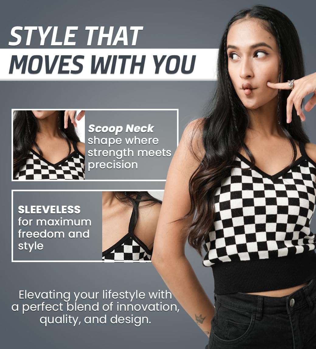 Womens Sleeveless Tank Top in Black/White Combo Medium Size | Fall Tops for Women in Checkerboard Pattern | Double Front & Back V-Neck Tank Tops for Casual wear & More - Image 4