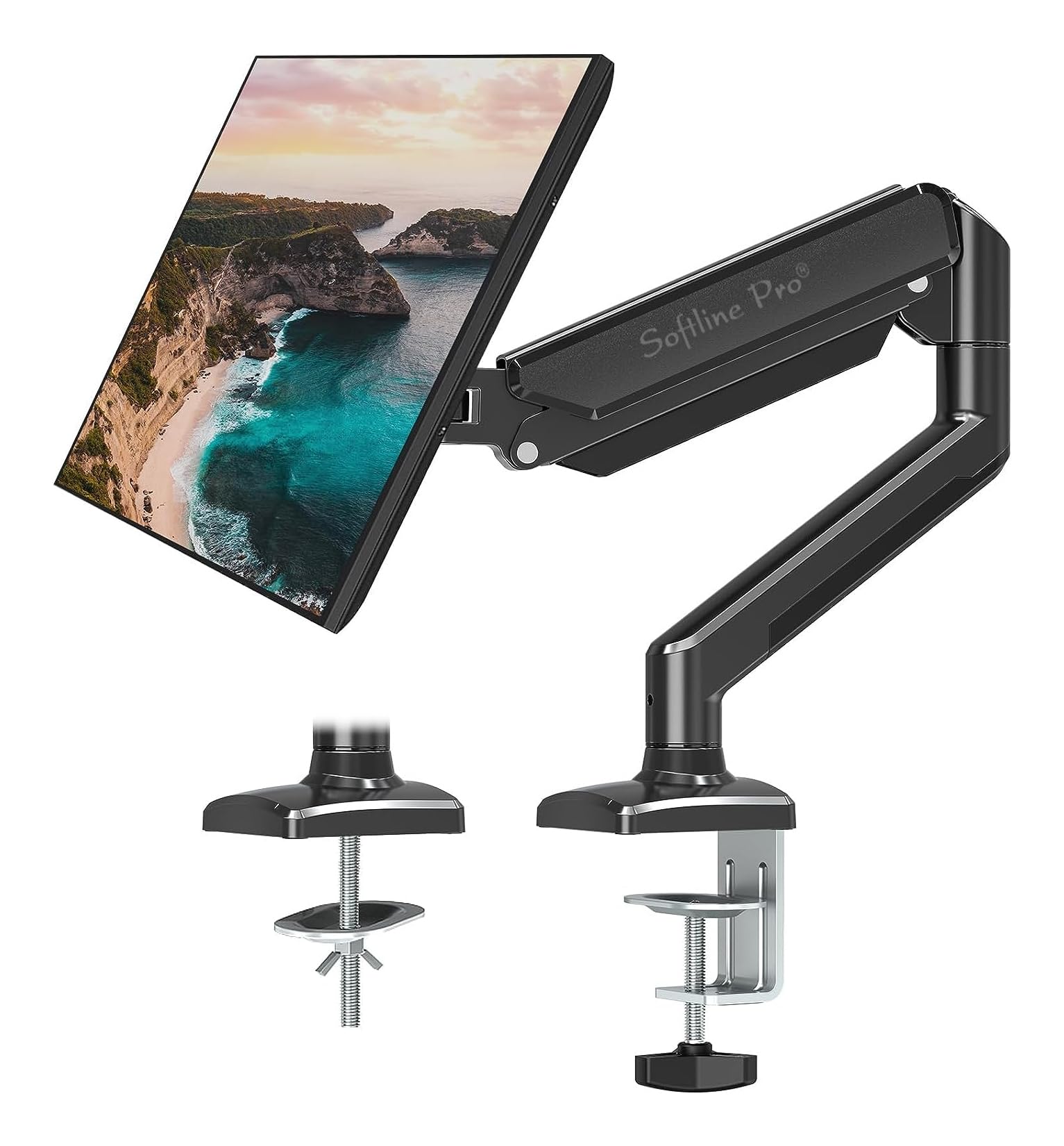 Softline Pro SP HMS1 Single Monitor Desk Mount, Gas Spring Single Arm Monitor Stand Desk VESA Mount for 13 to 32 Inch Screen with Clamp and Grommet Mounting Base