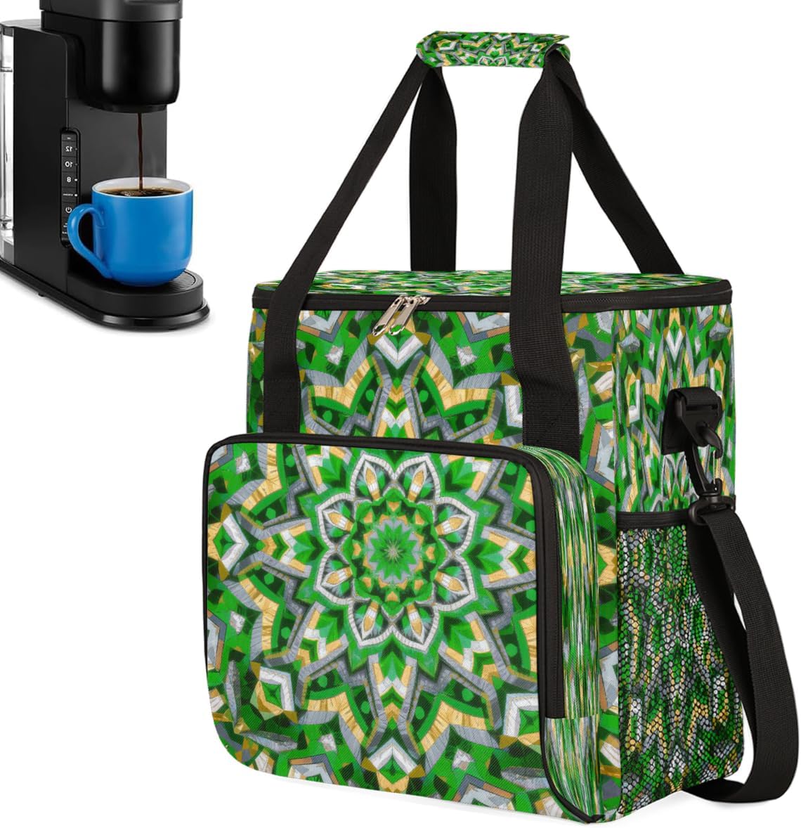 Green Mandala Portable Coffee Maker Carrying Bag Compatible with Keurig K-Mini or K-Mini Plus - Travel Storage Tote with K-Cup Pod Pockets for Single Serve Coffee Brewer