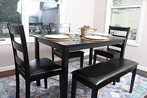 Home Life 4 Person - 5 Piece Kitchen Dining Table Set - 1 Table, 3 Leather Chairs & 1 Bench Black J150232Black