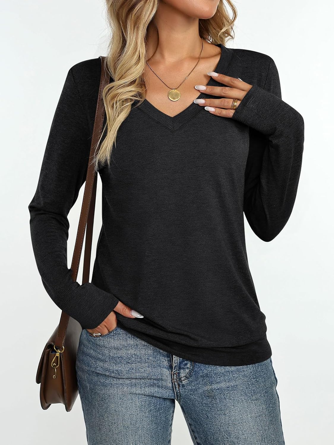 Womens V Neck Long Sleeve Shirts Banded Bottom Cute Loose Fit Tops Dressy Casual Outfits for Fall Spring - Image 2