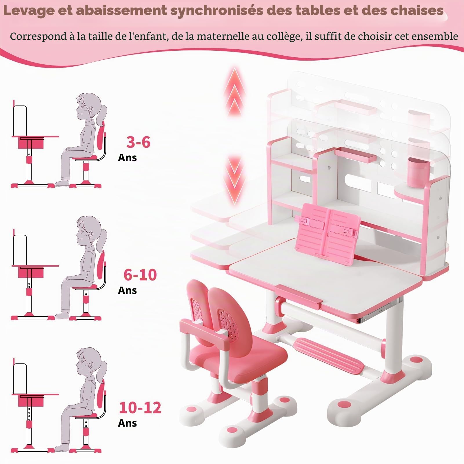 Bureau pour enfant réglable en hauteur avec chaise ergonomique, avec étagère à livres, tiroir et plateau inclinable à 50 °, rose