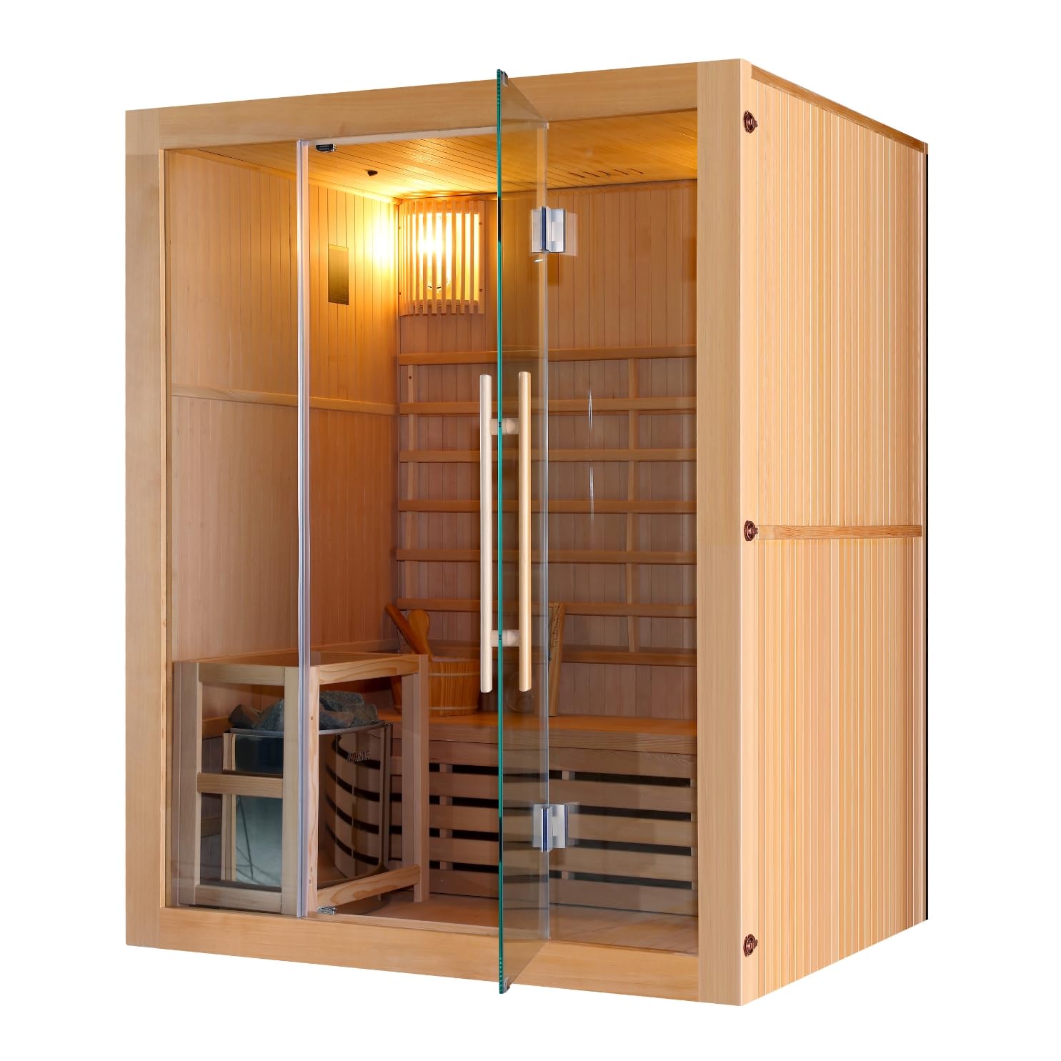 Riga Sauna finlandais pour 3 personnes avec pierres de sauna, verre de sécurité, seau avec créateur, thermomètre et sablier, dimensions : 150 x 120 x 190 cm