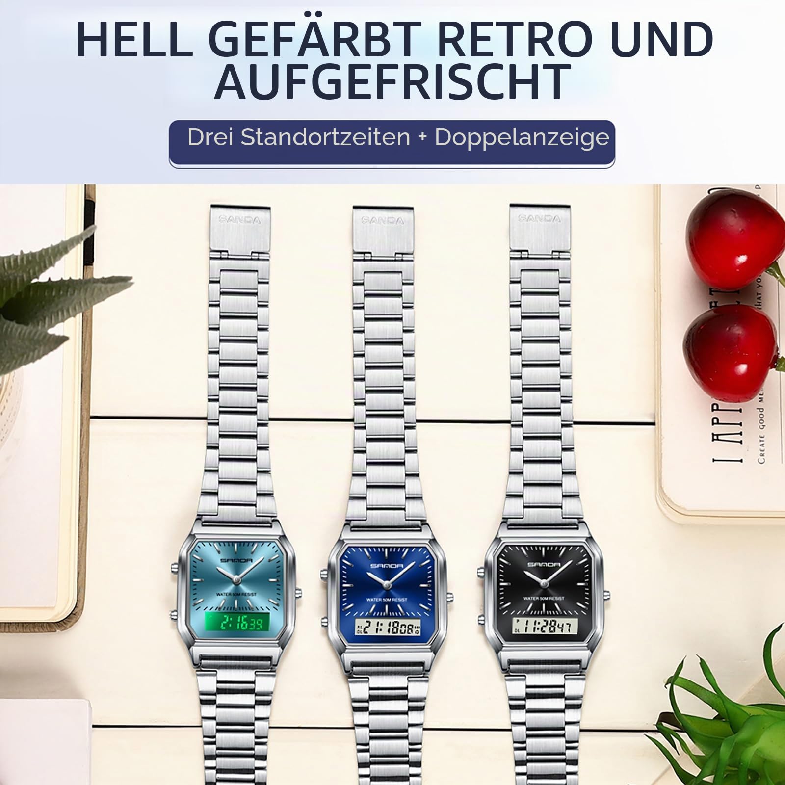 findtime Uhren Damen Herren Retro Business Klassische Quadratische Armbanduhr Edelstahlarmband Analog Digital 5ATM Wasserdicht LED Datum Wochentag DREI Zeitzonen Luxus Uhr