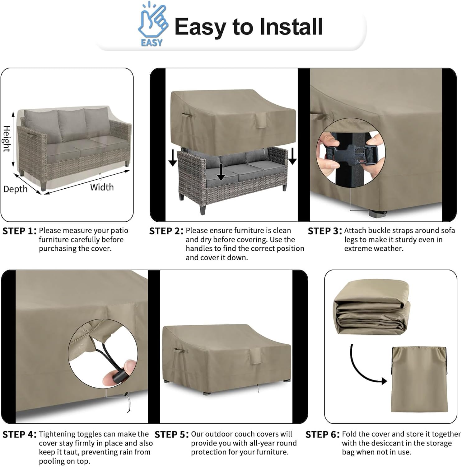 OutdoorLines Outdoor Waterproof Patio 3-Seater Couch Cover - UV Resistant Patio Sofa Furniture Covers Weatherproof Heavy Duty Glider Covers for Outdoor Furniture, 76Wx32.5Dx33H Inches, Camel
